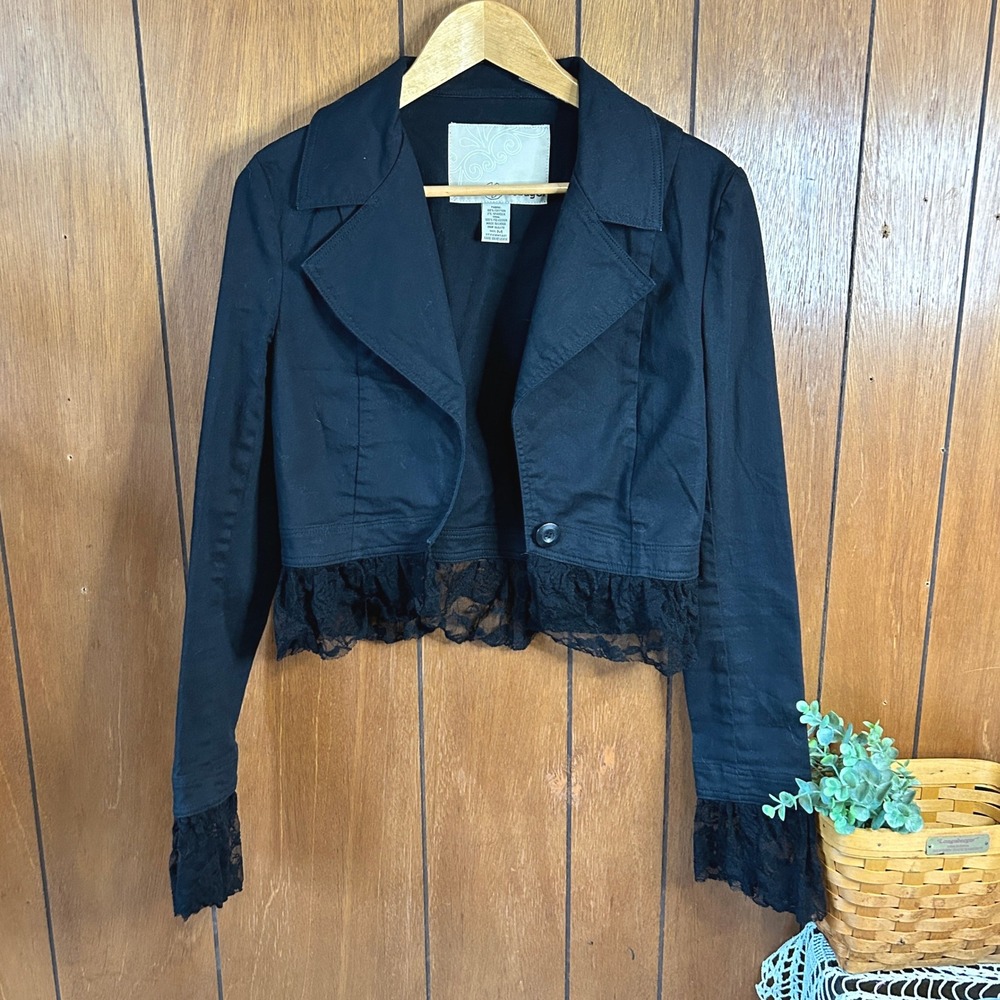 Refuge Black Lace Trim Cropped Jacket Womens Size‎ M y2k Whimsygoth Fairy Grunge